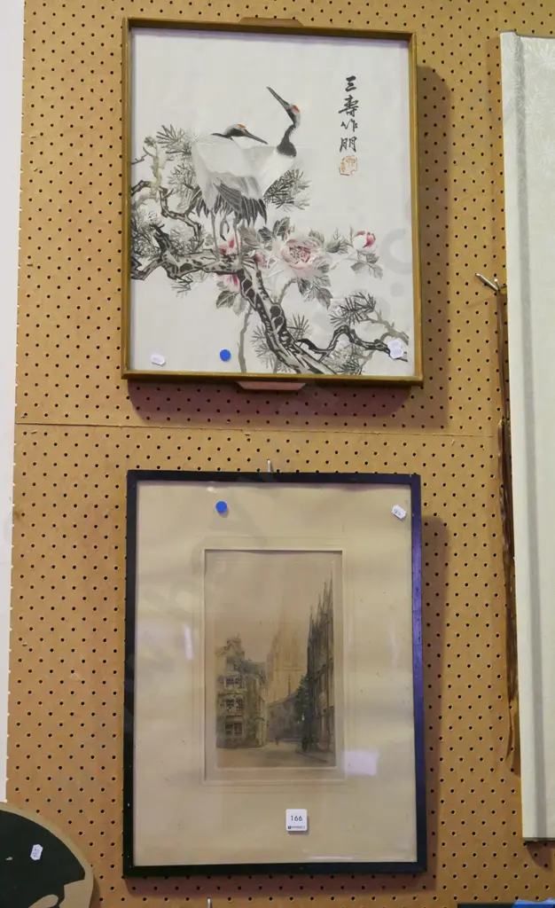 framed Asian needlework - herons, framed print - cathedral (damaged) - blue dots Image 1++
