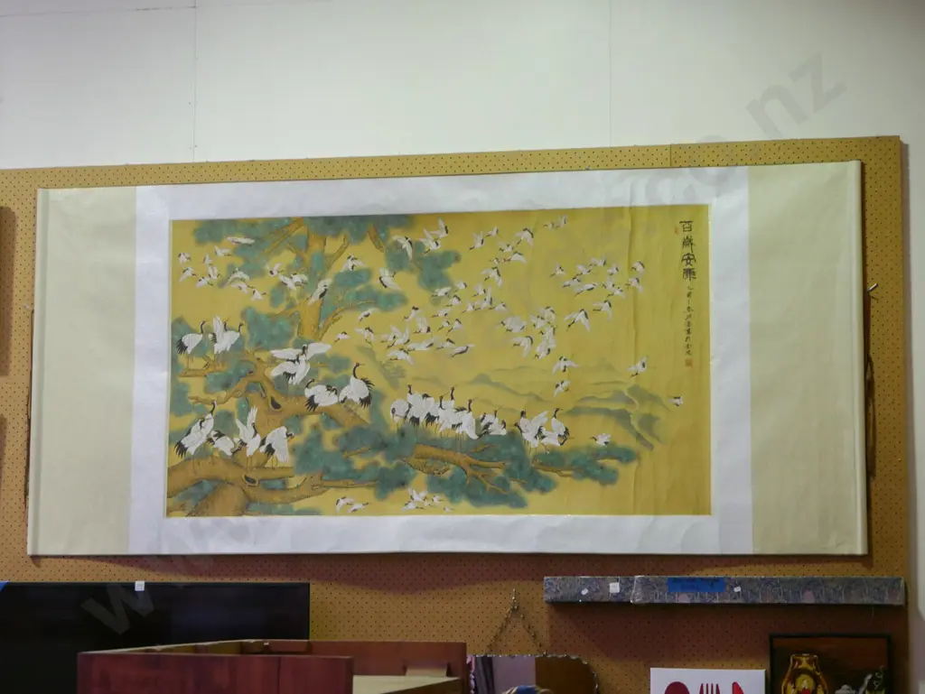 large Asian scroll - herons in tree  - some creasing  (comes with box) H-1080 W-3230 Image 1++