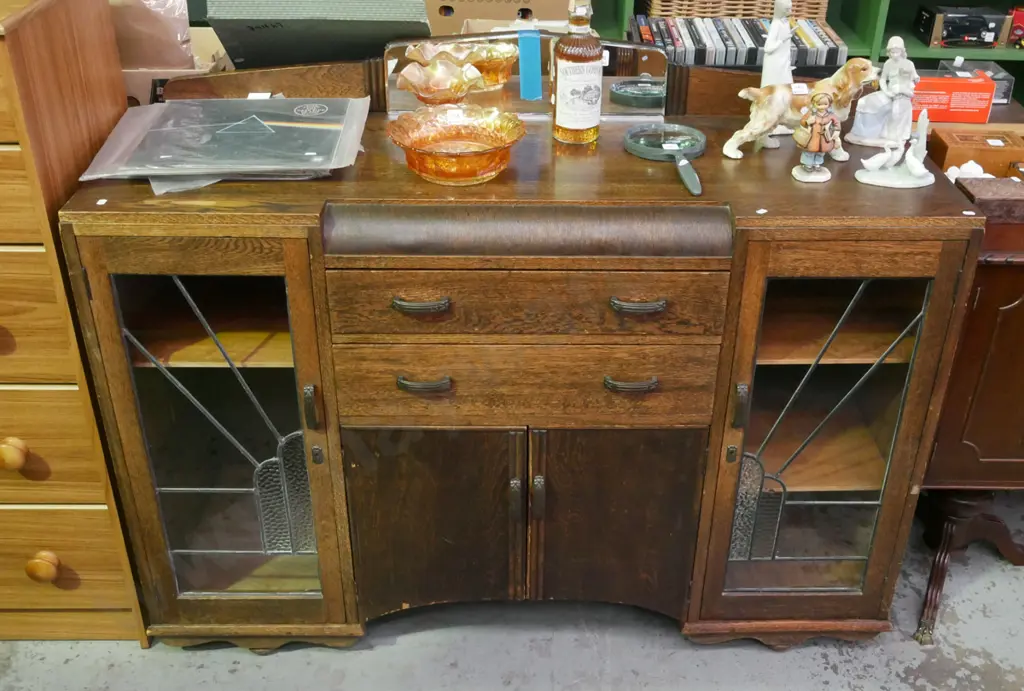 deco oak sideboard with 2 leadlight doors, 2 solid doors, 2 drawers H-990 W-1370 D-470 Image 1++