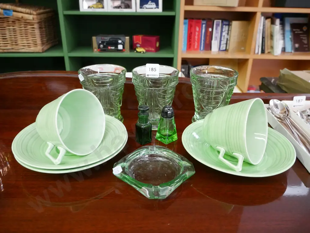depression glass tumblers, ashtray, Crown Ducal cups, saucers etc Image 1++