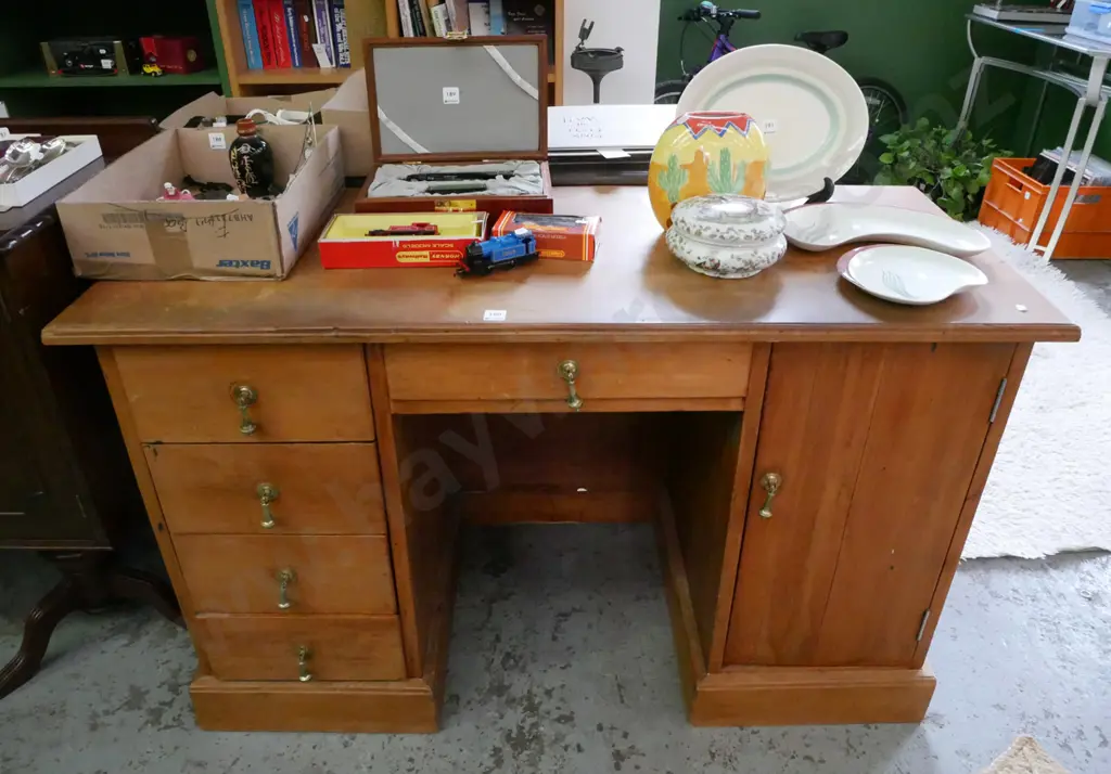 solid rimu 5 drawer desk with 1 fitted cupboard H-750 W-1230 D-500 Image 1++