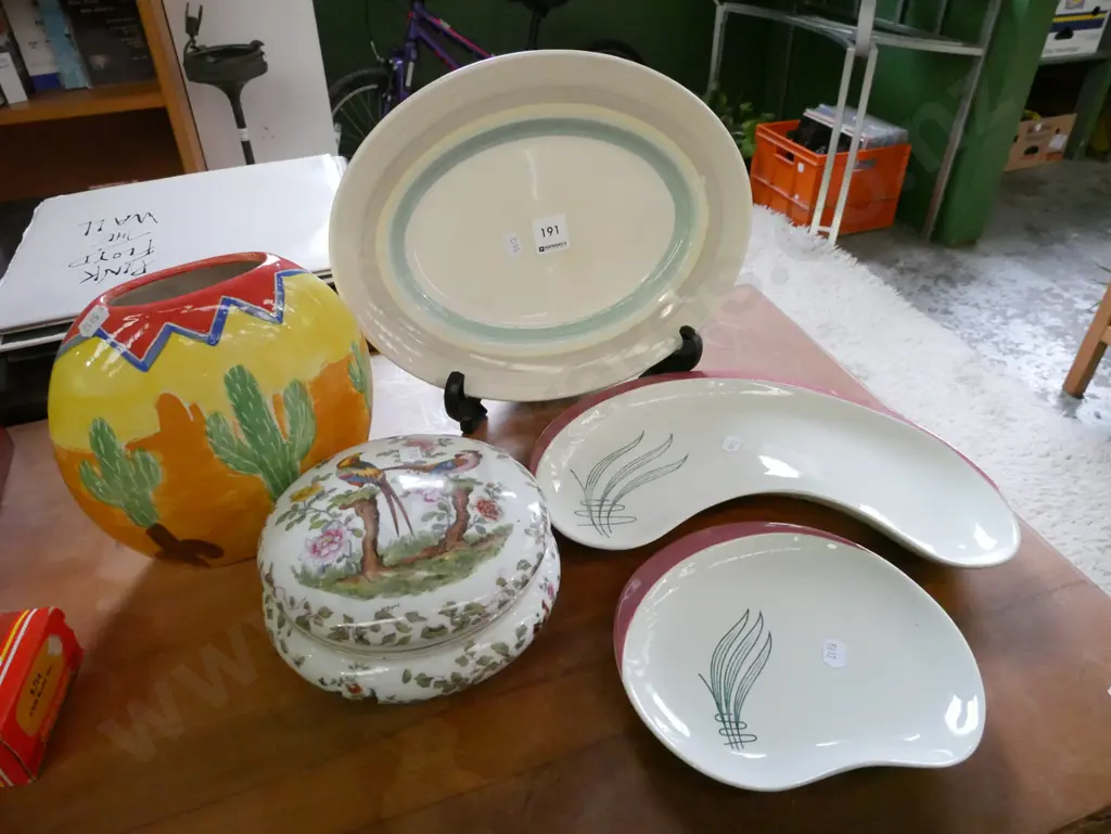 Carlton ware dishes, studio pottery vase, Susie Cooper ashet, Asian themed lidded trinket box Image 1++