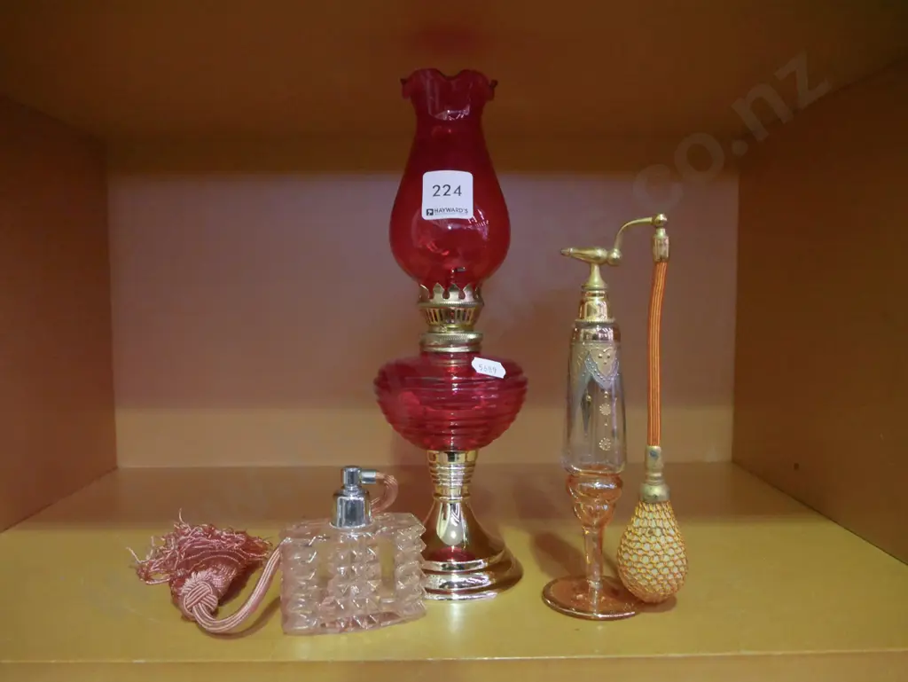 ruby glass kerosene lantern, 2x perfume atomisers Image 1++