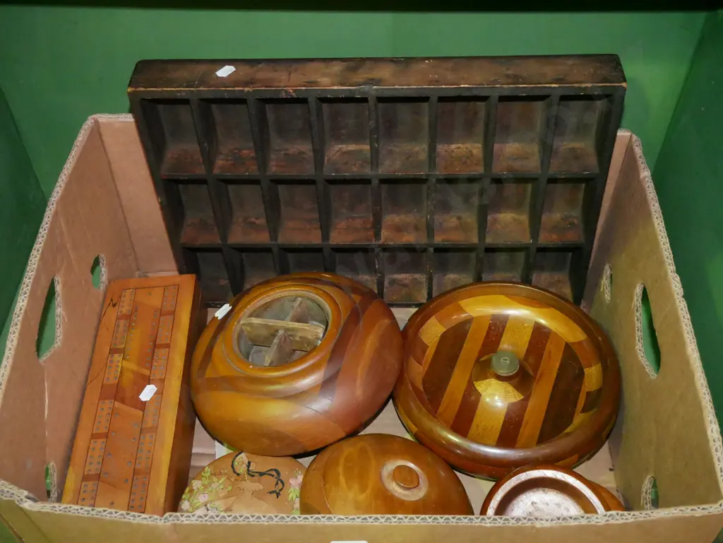 box; NZ native timber bowls, canisters, small type setters tray etc Image 1++