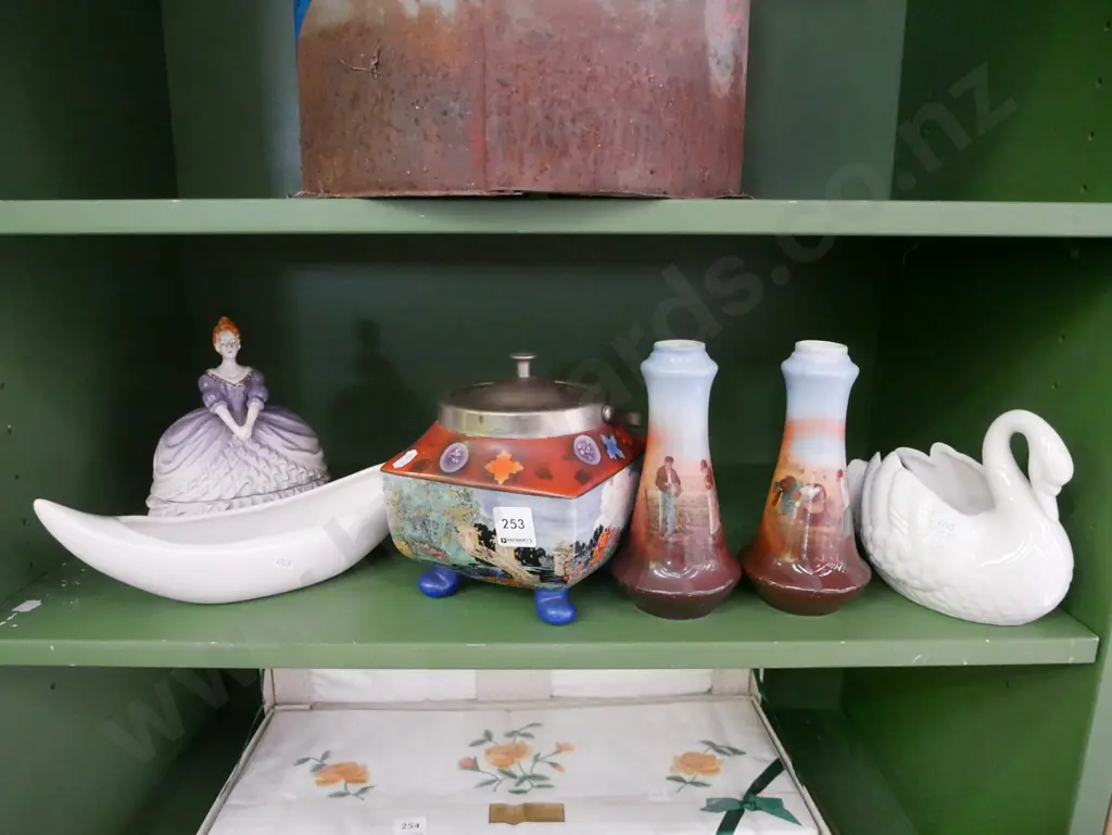 shelf; female storage canister, swan vase, footed lidded biscuit barrel Image 1++