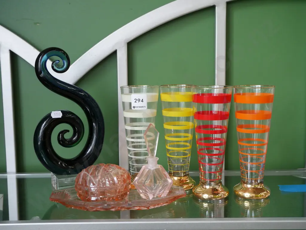 glass tumblers, depression glass set, art glass scuplture Image 1++