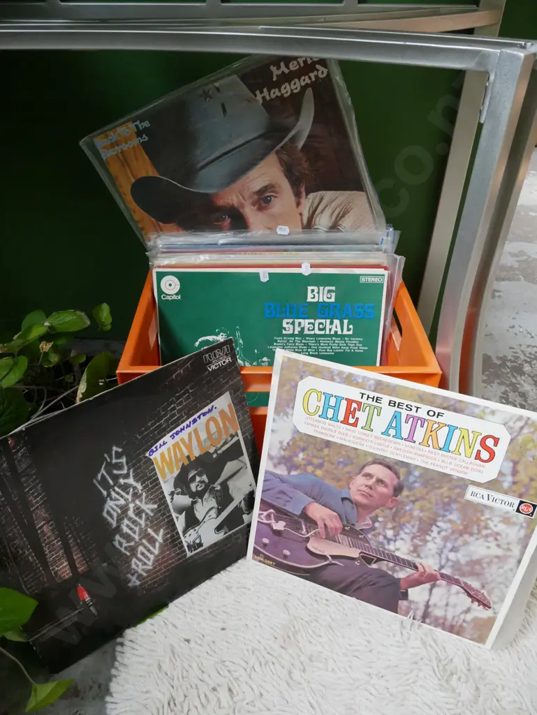 orange plastic tub; country and western LPs Image 1++