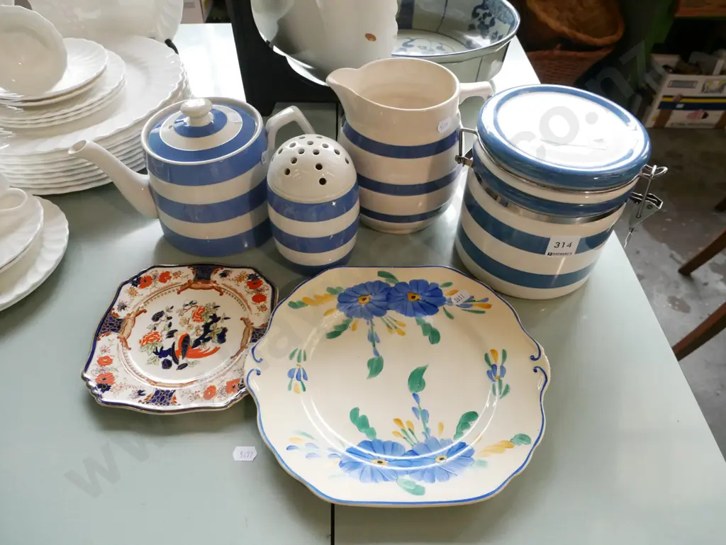 blue and white striped canisters, tea pot jug, plates Image 1++