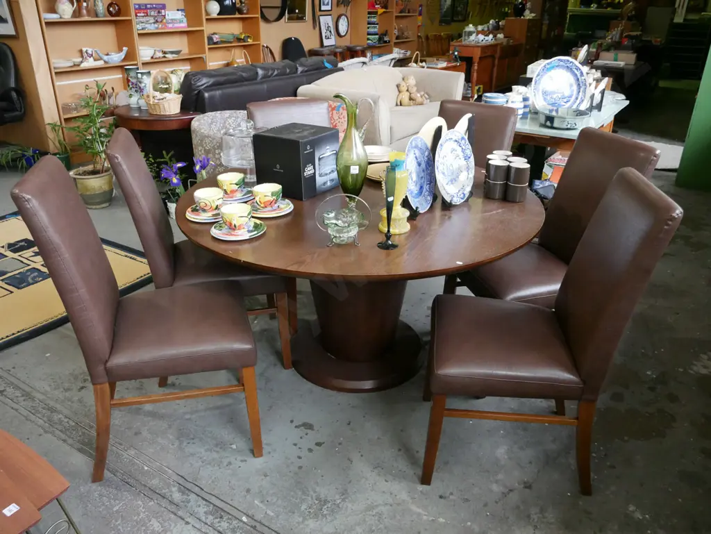 modern oak veneer pedestal dining table with 6 matching vinyl chairs H-720 Diam-1370 Image 1++