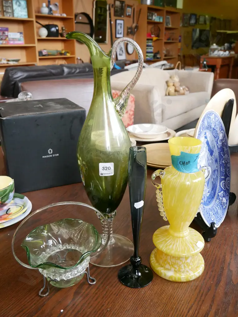 glass basket, 3x vases - yellow mottled vase has chip, green glass ewer vase H-430 Image 1++