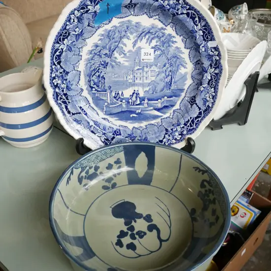 large Masons blue and white plate - chip to rim, Ironstone fruit bowl