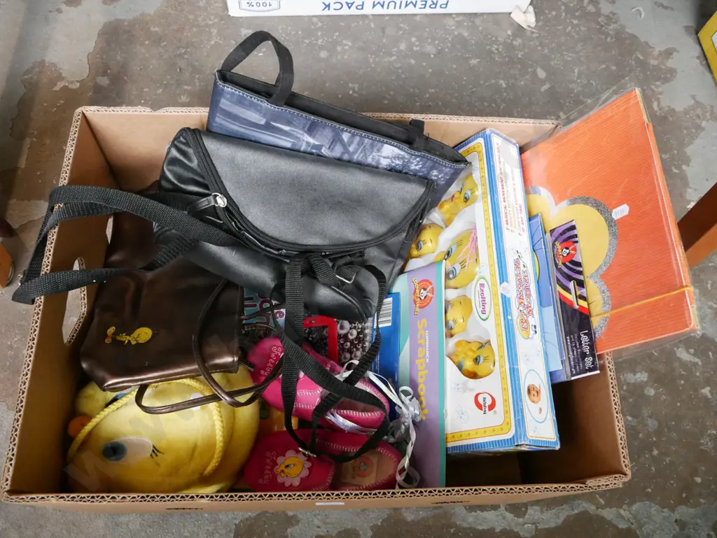 box of Tweety Bird collectables, shoes, bags, scrapbook etc Image 1++