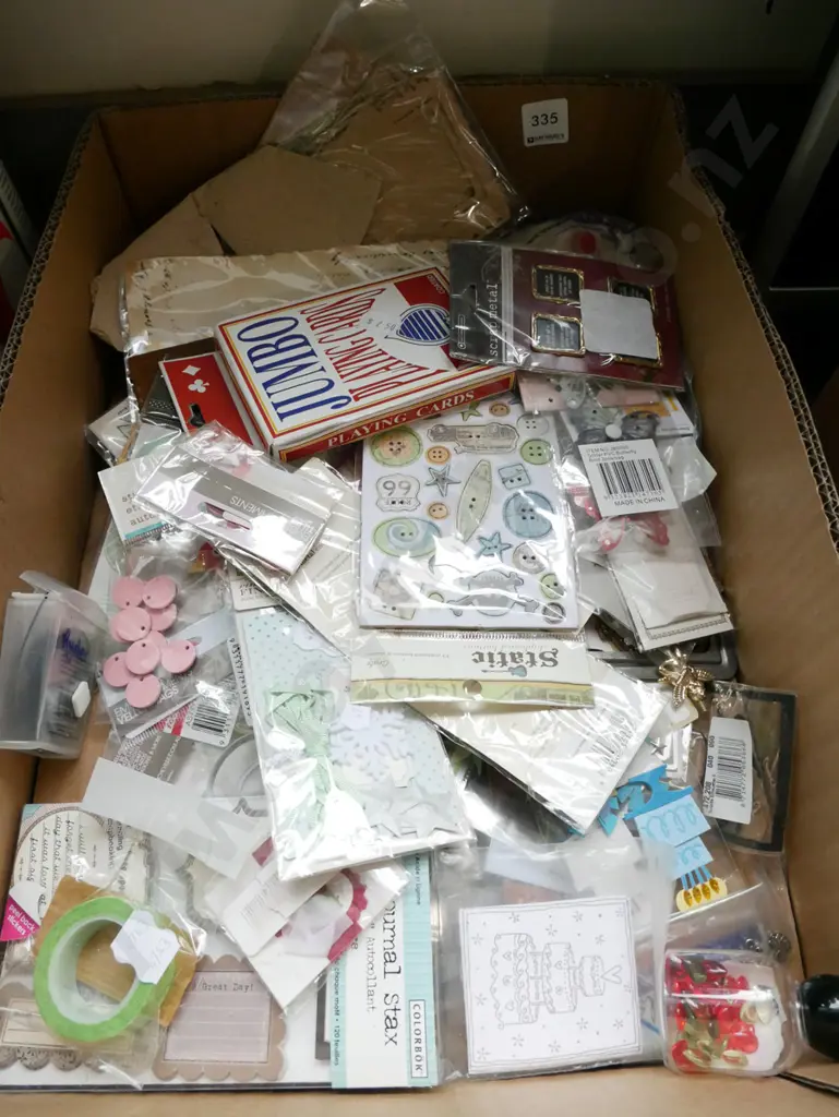 box; crafter's supplies, stickers, scrap metal frames, embellishment tiles etc Image 1++