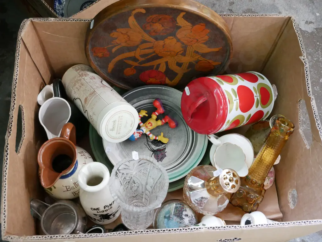 box; wooden pokerwork tray, bowls, storage canisters etc Image 1++