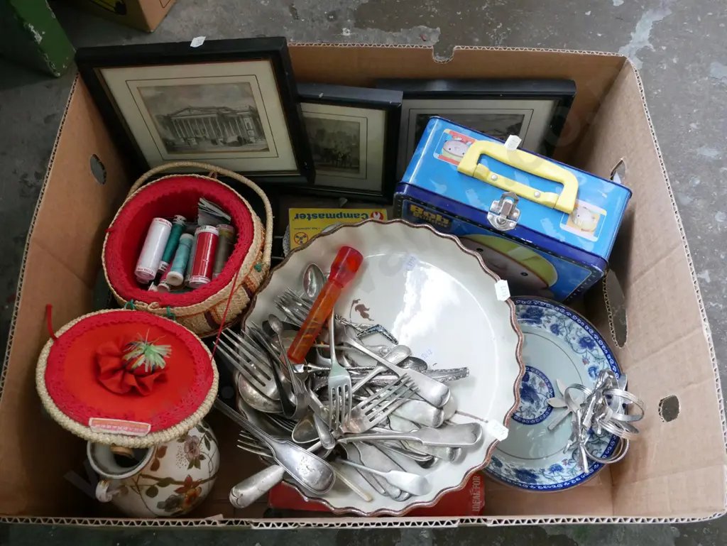 box; baking dish, small sewing basket, prints etc Image 1++