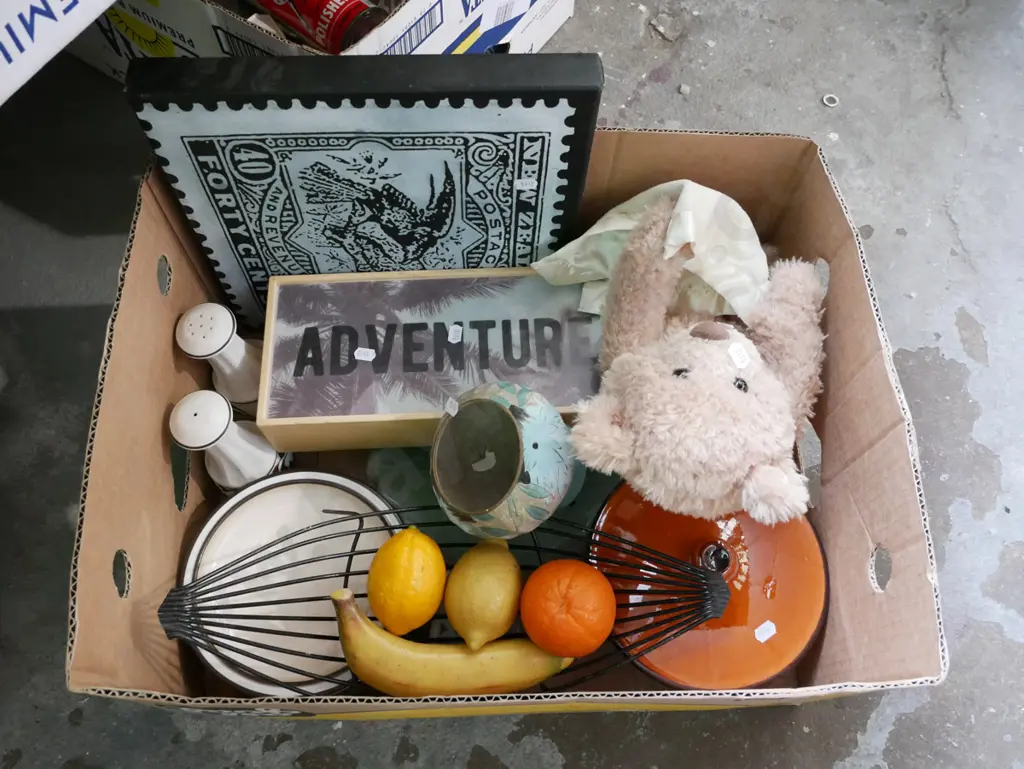 box; teddy bear, metal fruit bowl, fake fruit, lidded pot etc Image 1++