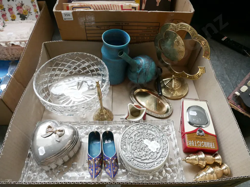 box; footed crystal bowl, brass gong etc Image 1++