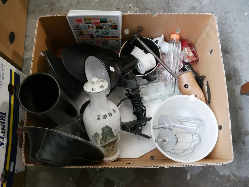 box; jewellery display stand, clamp mounted lamp, shoe forms, mixing bowl etc Image 1++