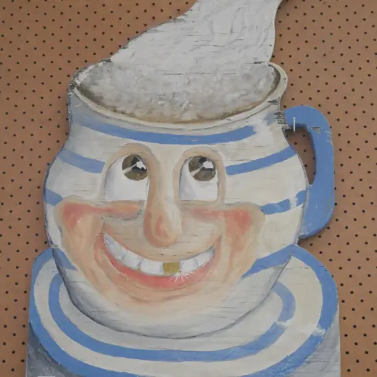 acrylic on board - cut out coffee cup with face
