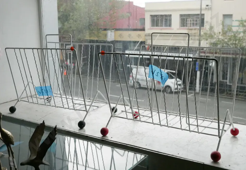 pair of retro metal and ball footed magazine racks - orange dots Image 1++