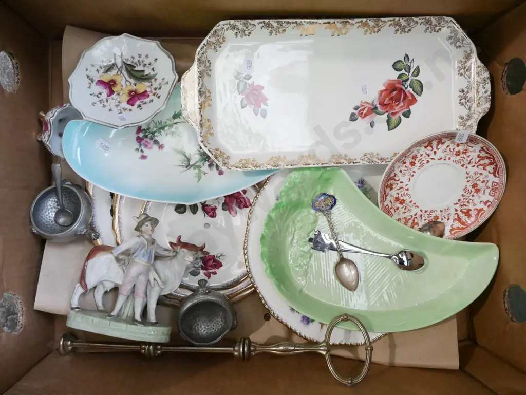 box; sandwich plates, unassembled cake plate, pewter salts etc Image 1++