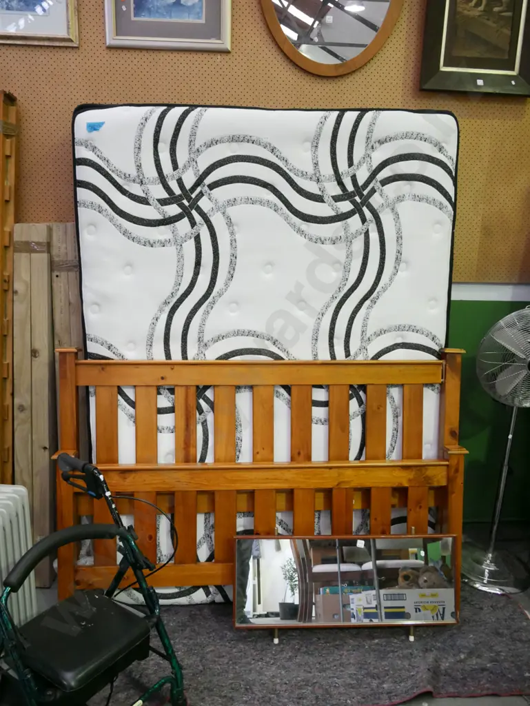 queen slat bed base, mattress and pine headboard Image 1++