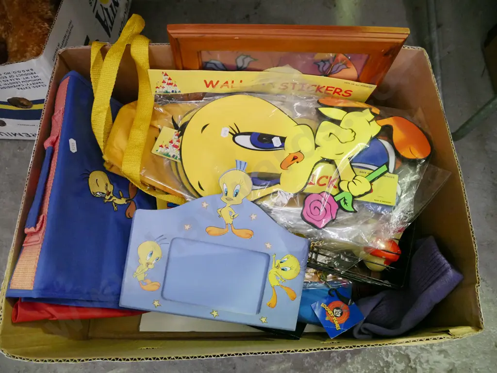 box of Tweety Bird collectables, wall stickers, bags etc Image 1++