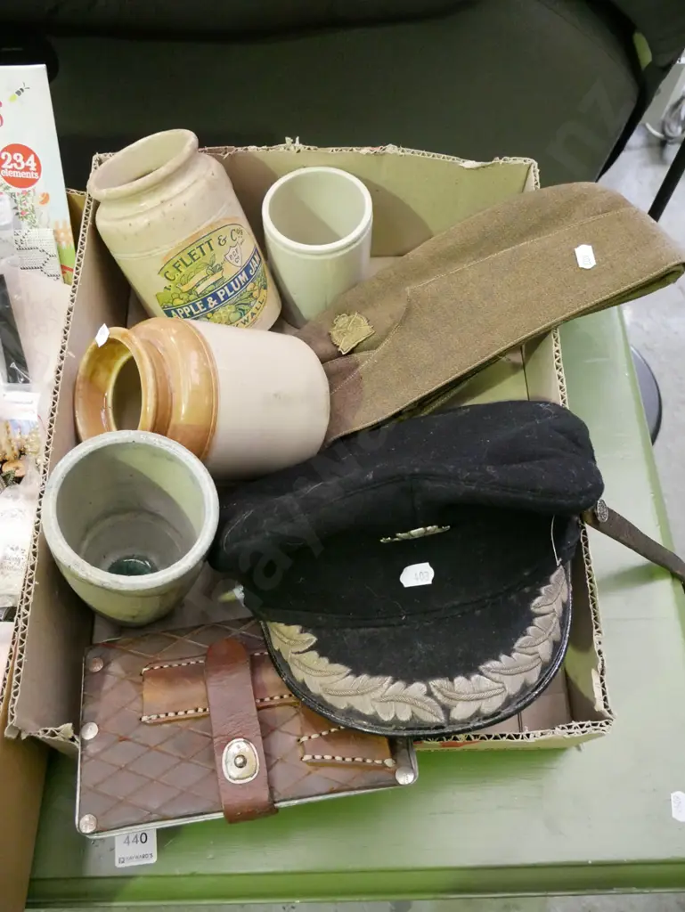box; small stoneware crocks, vase, captain's hat etc Image 1++