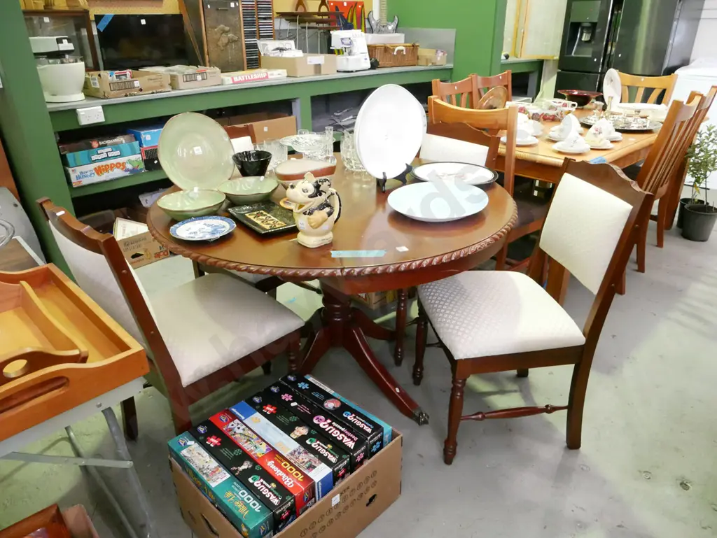mahogany pedestal drop side extending table with pie crust edging and 4 matching chairs Image 1++