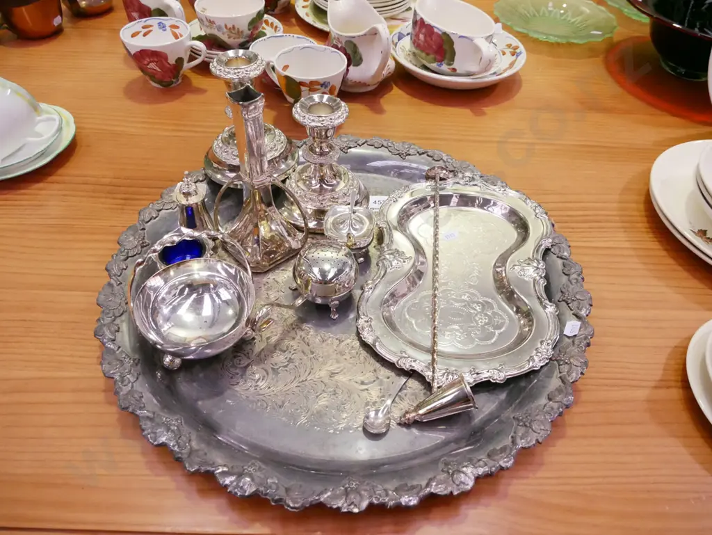 plated ware; tray, vases, candlestick, open salt etc Image 1++