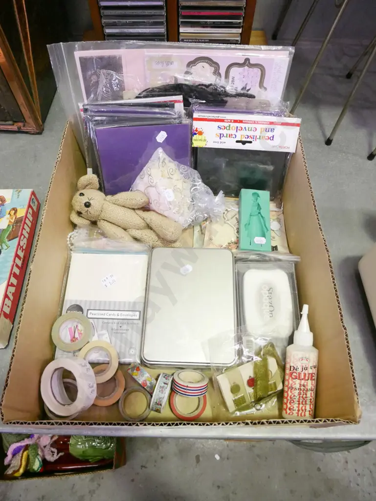 box of craft supplies; envelopes, cards, decorative tapes etc Image 1++