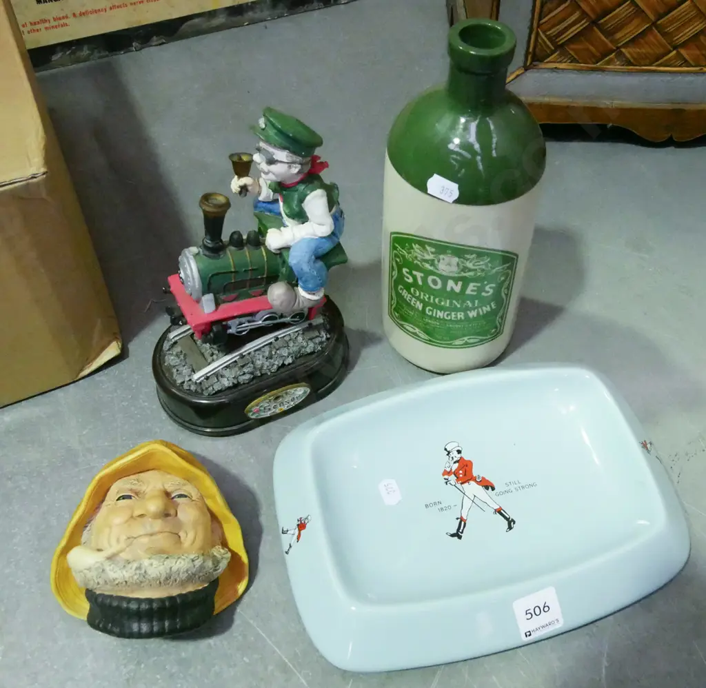 ginger wine bottle, man on train figurine, Johnny Walker ashtray, Bossons wall mounted fisherman Image 1++