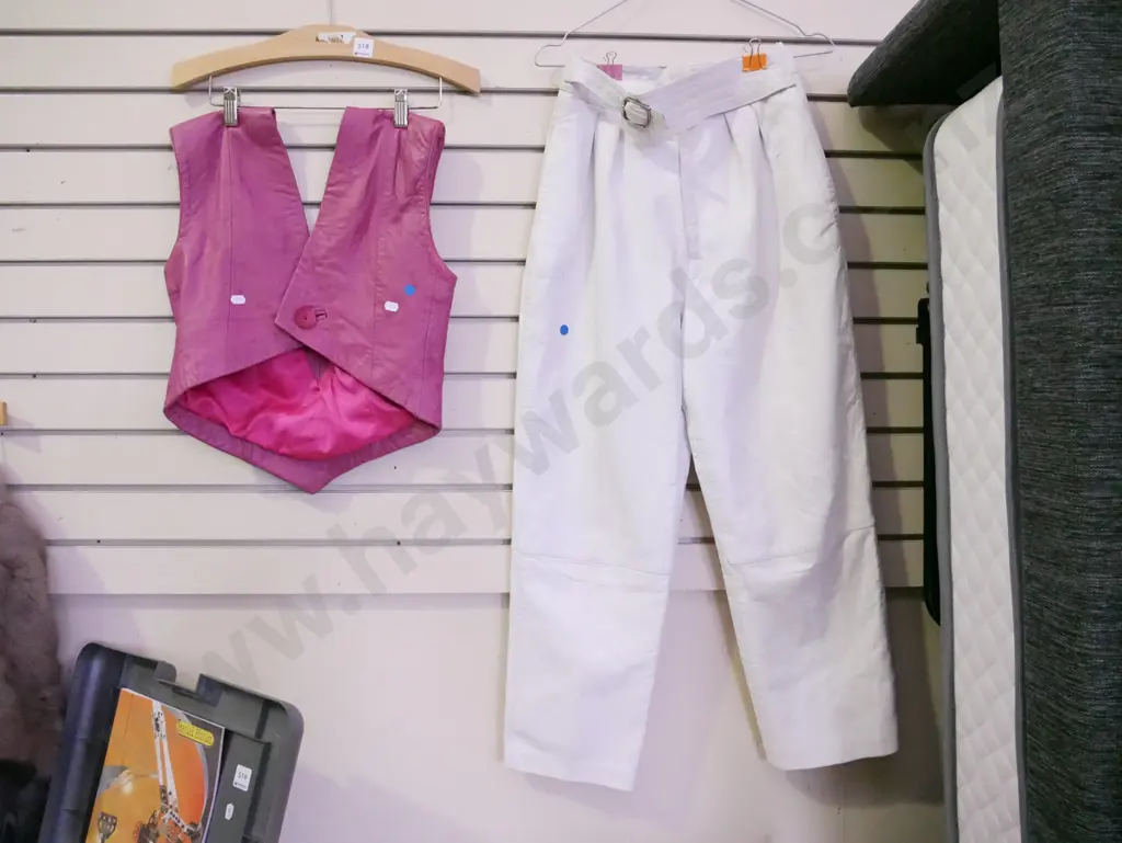 pair of ladies size 14 white leather pants, pink leather vest - blue dots Image 1++