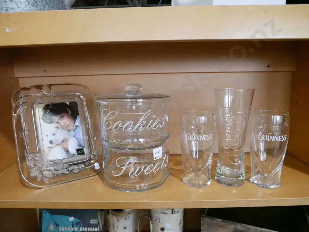 shelf; crystal photo frame, lidded canisters, beer glasses Image 1++