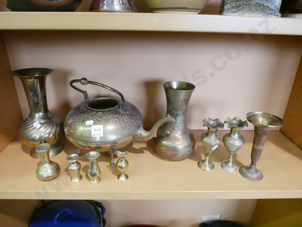 shelf of brassware, vases, tea pot - no lid Image 1++