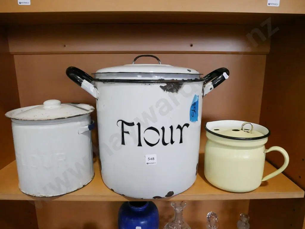 vintage enamel flour tins H-340, enamel lidded jug  Image 1++