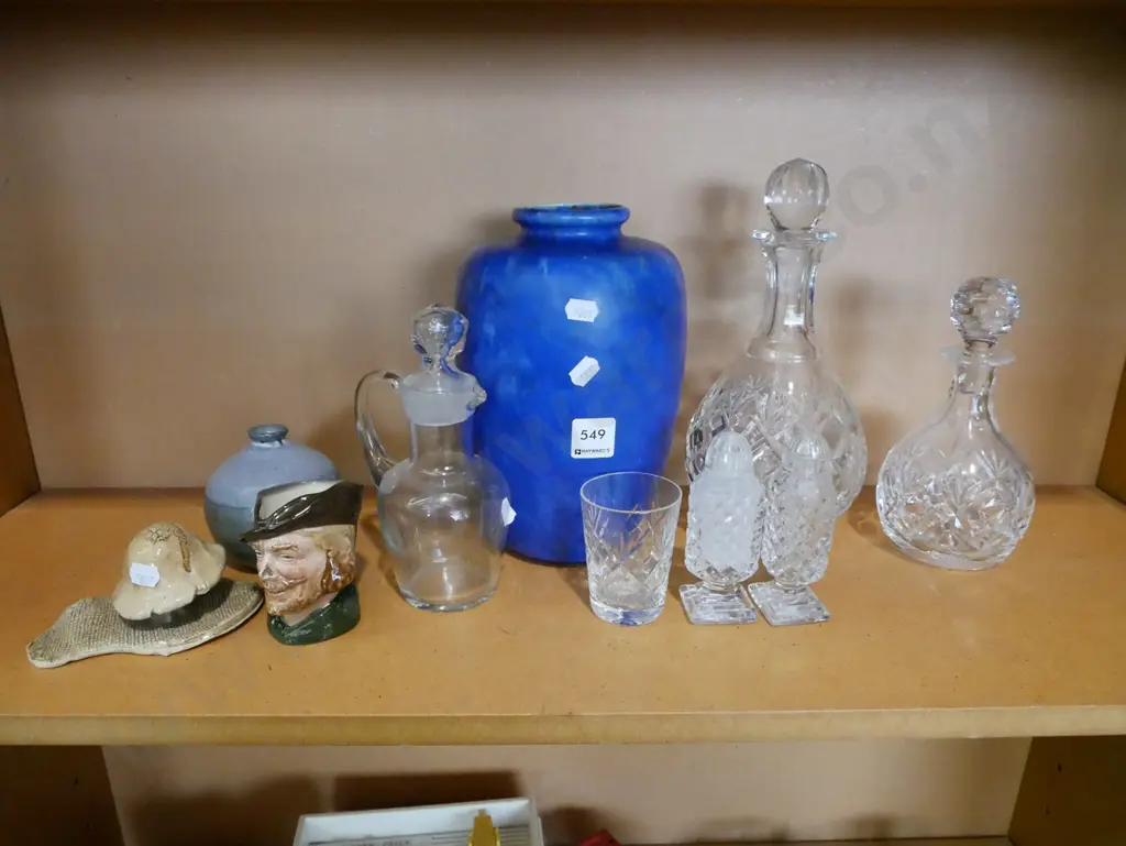 shelf; vases, small toby jug, stoppered decanters etc Image 1++