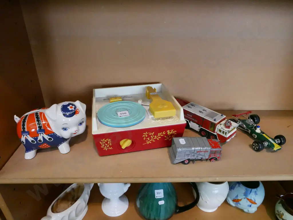 shelf of childrens toys, record player, racing car etc Image 1++