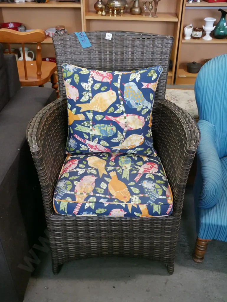 woven plastic patio chair with bird themed cushions - some plastic is breaking Image 1++