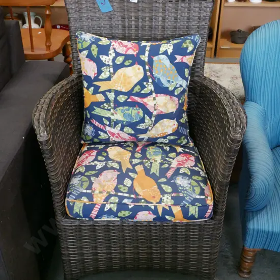 woven plastic patio chair with bird themed cushions - some plastic is breaking