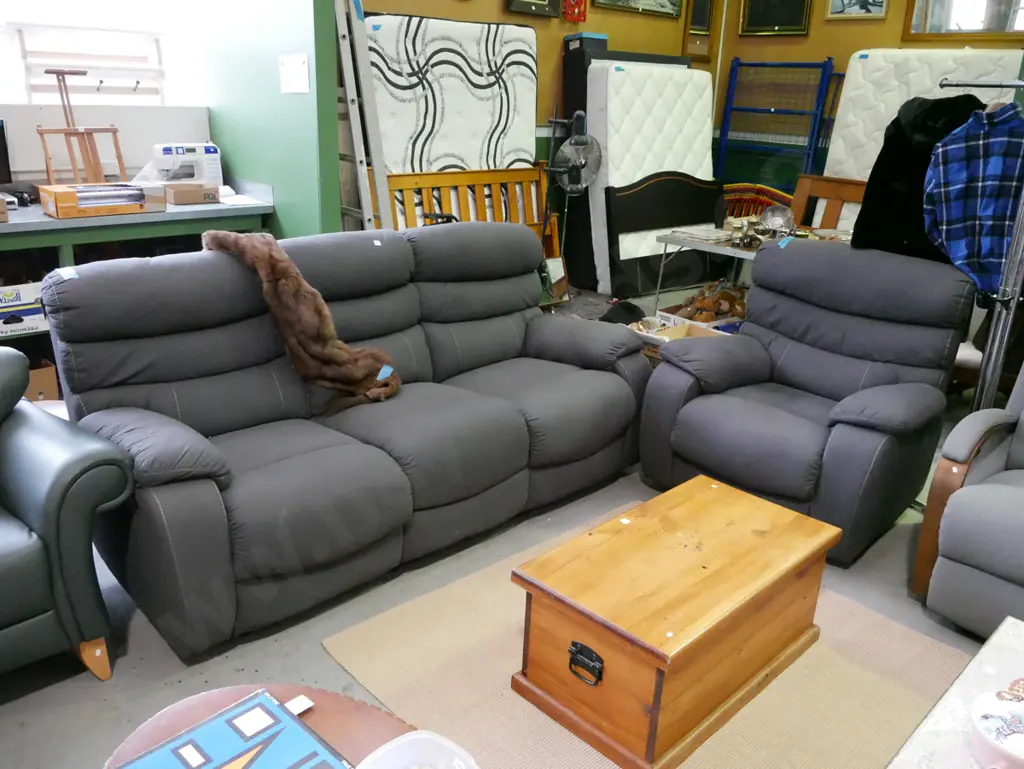 charcoal lounge suite - 1x reclining single, dual reclining 3 seater settee - very good condition Image 1++