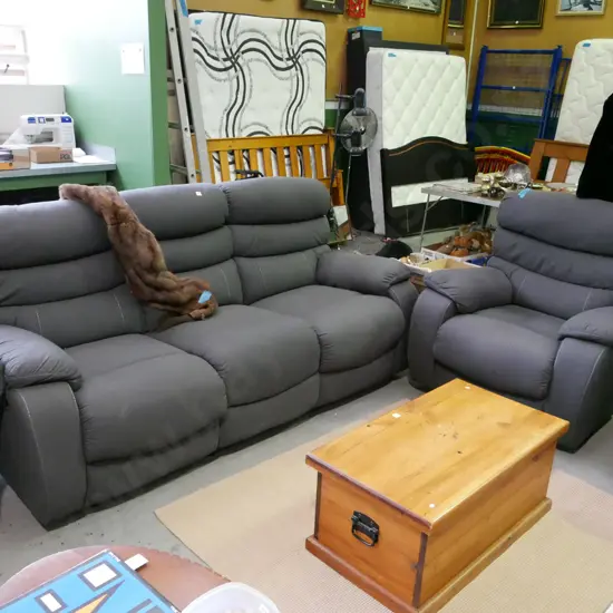 charcoal lounge suite - 1x reclining single, dual reclining 3 seater settee - very good condition
