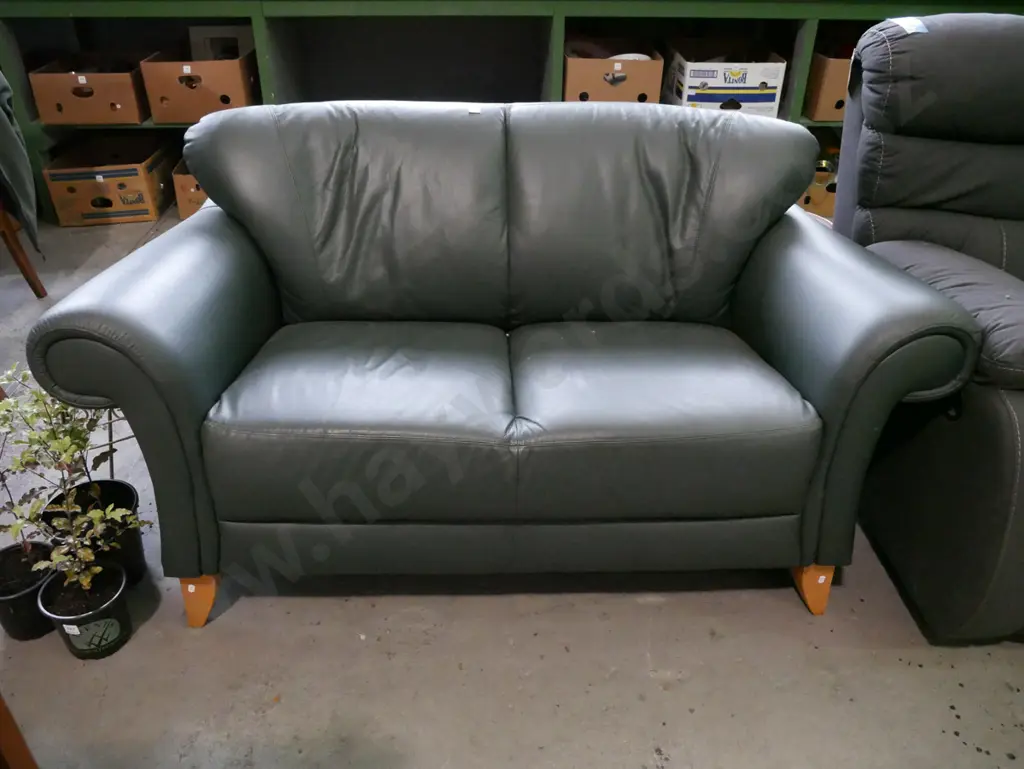 green leather rolled arm 2 seater settee Image 1++
