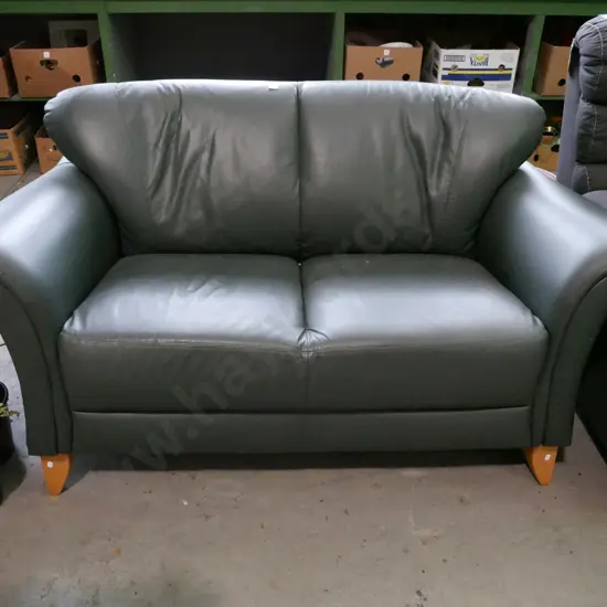 green leather rolled arm 2 seater settee