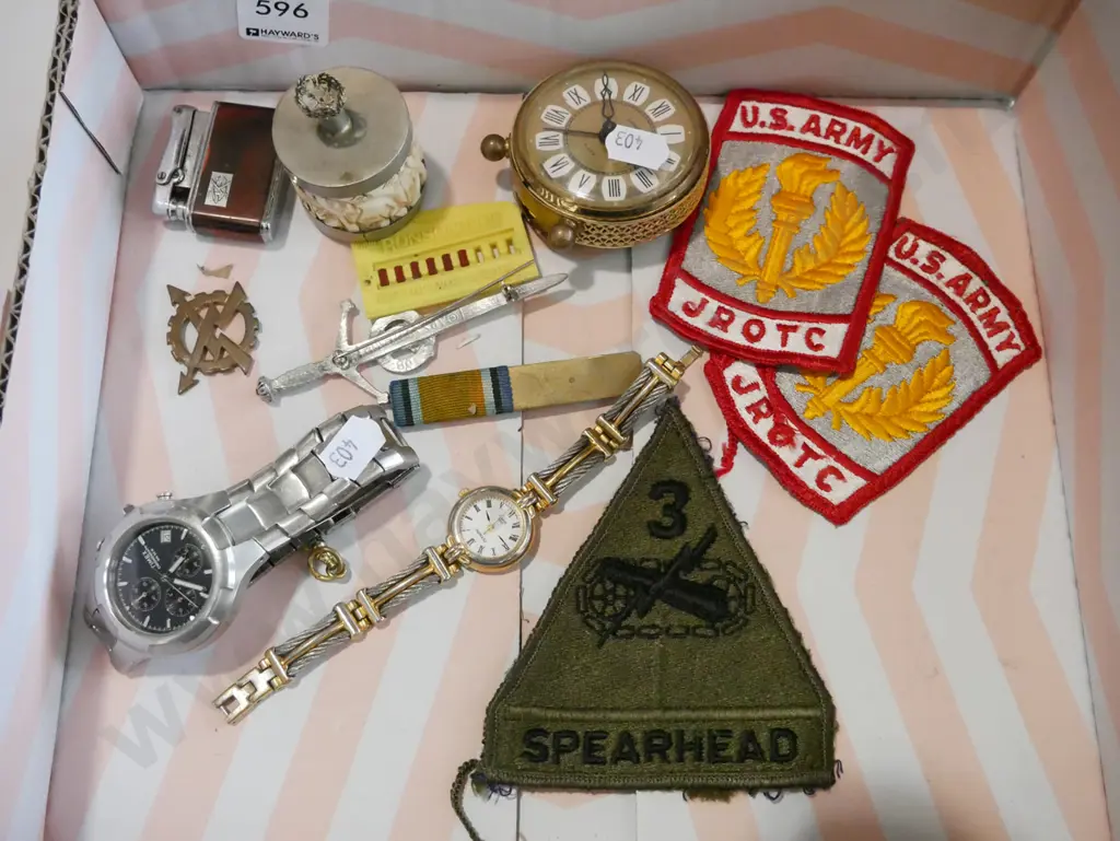 box; US military badges, travellers alarm clock etc Image 1++