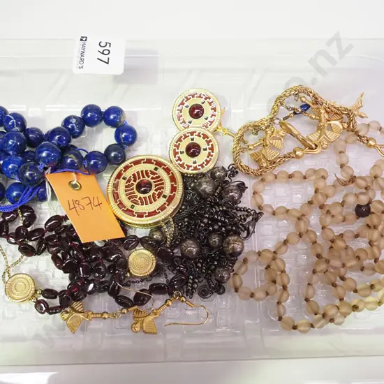 tray of costume jewellery, necklaces, earrings, medallion etc