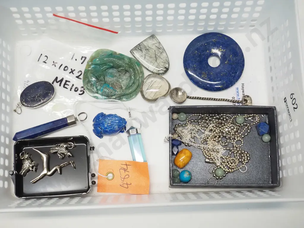 tray of charms, necklace, semi-precious stones, pendants, carvings, elephant coin spoon, etc. - tray not included Image 1++