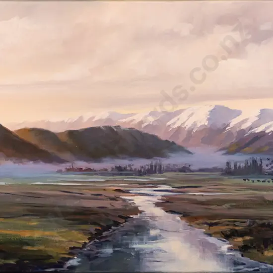 Bronwyn Heatlie - boxed oil on canvas "Softly Southern Alps" H-330 W-610