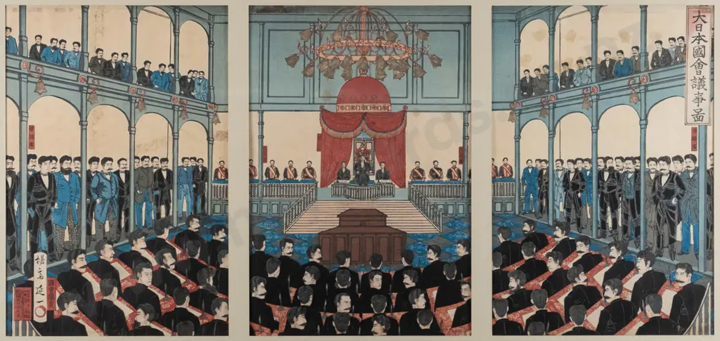 framed Japanese woodblock triptych print 1890 - the Imperial Diet in the Meiji Era H-340 W-730 (areas of foxing) Image 1++