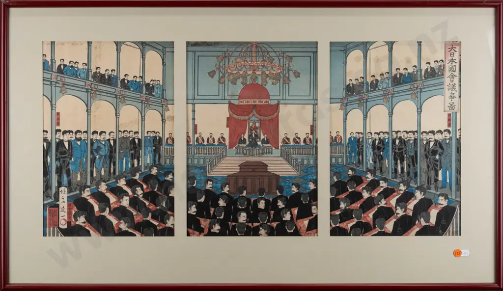 framed Japanese woodblock triptych print 1890 - the Imperial Diet in the Meiji Era H-340 W-730 (areas of foxing) Image 1++